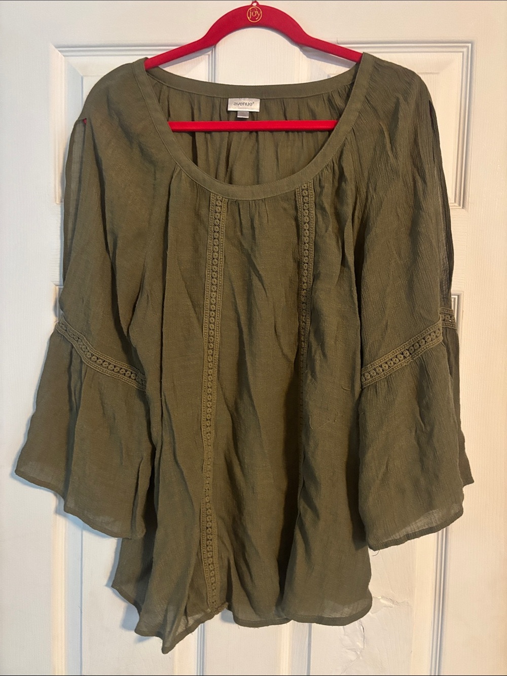 Avenue Olive Green Peasant-Style Scoop Neck Blouse Sz 18/20